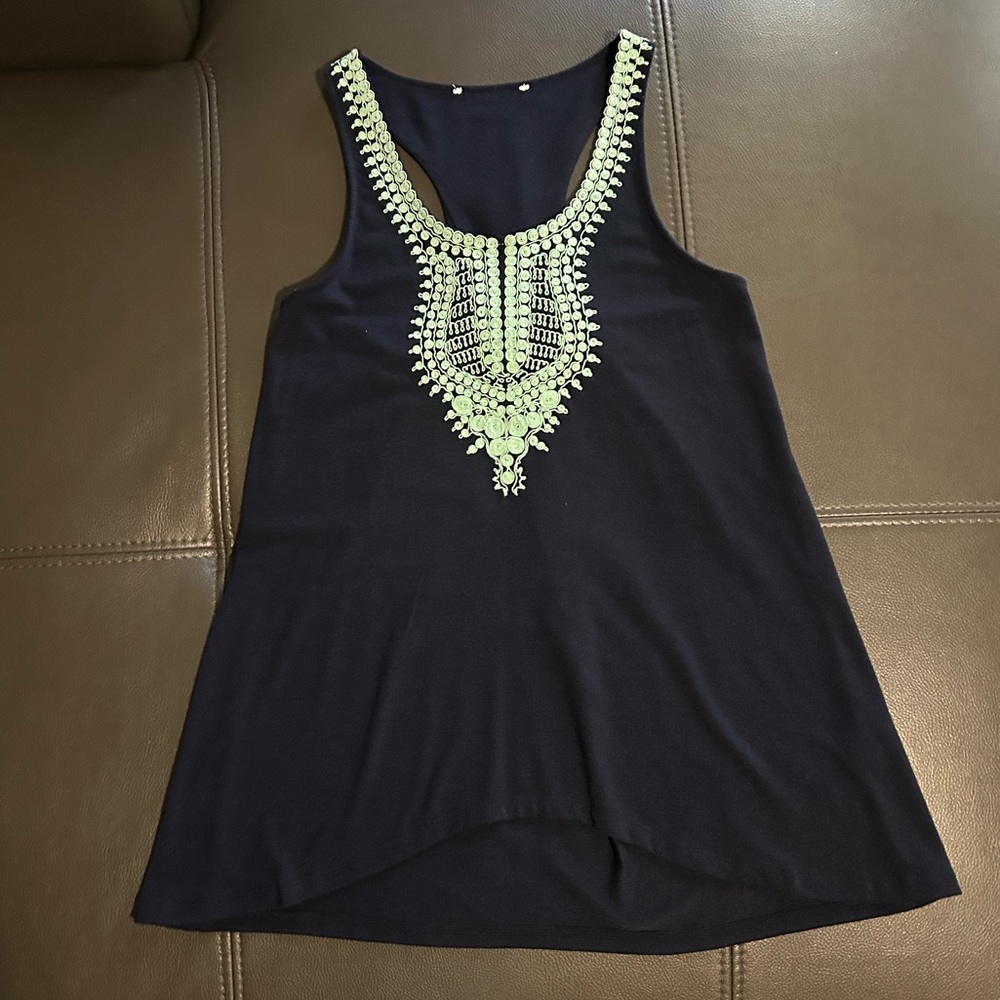 Navy & Light Teal Embroidered Tank